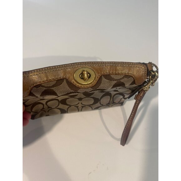 Coach Brown Signature Canvas Wristlet With Gold Accents & Turnlock Closure - Picture 6 of 11